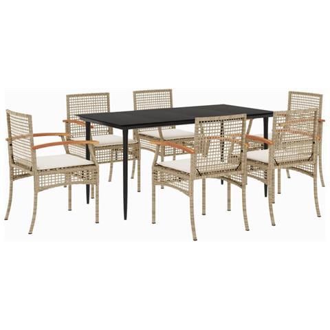 Set da Pranzo da Giardino 7 pz con Cuscini Beige in Polyrattan - Foto 1