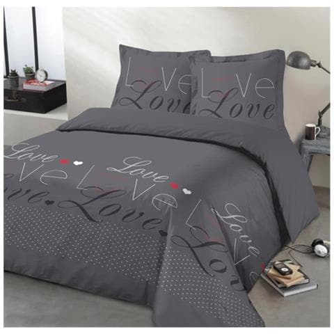 Parure De Couette 100% Coton Love - 1 Housse De Couette 220x240 Cm + 2 Taies D'oreillers 65x65 Cm Anthracite, Blanc Et Rouge - Foto 1