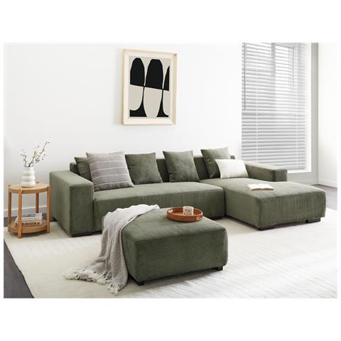 Divano Angolare 4 Posti Lungo Velluto A Coste Verde Con Ottomana Lato Sinistro - Foto 1