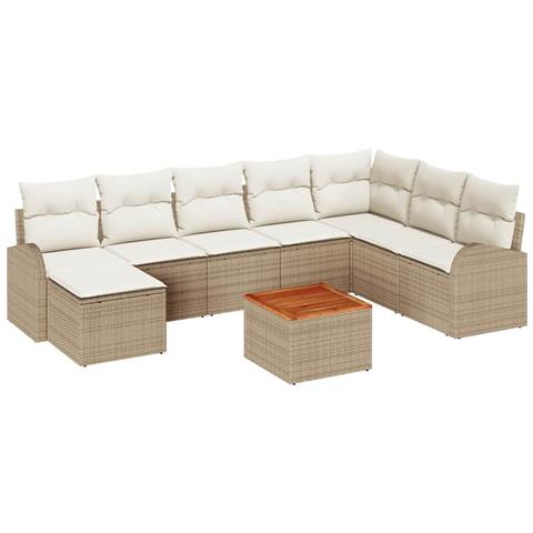 Set di Divani da Giardino da 9 Pezzi con Cuscini Beige Polyrattan Acacia - Foto 1
