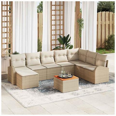 Set di Divani da Giardino da 9 Pezzi con Cuscini Beige Polyrattan Acacia - Foto 2