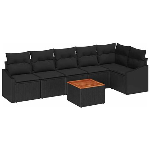 Set Divano da Giardino a 7 Pezzi con Cuscini Nero Rattan Polietilene Acacia - Foto 1