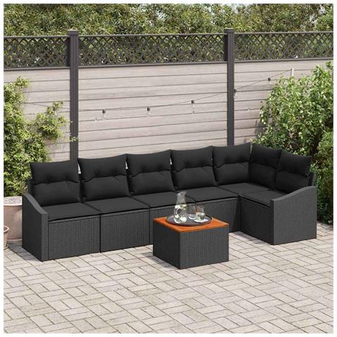 Set Divano da Giardino a 7 Pezzi con Cuscini Nero Rattan Polietilene Acacia - Foto 2