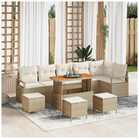 Set Divano Giardino 10 Pezzi con Cuscini Beige Rattan Sintetico Acacia, Divano Giardino 2 Posti con Cuscini Beige Rattan Sintetico, Set da Pranzo Giardino 4 Pezzi con Cuscini Beige Rattan Sintetico Acacia - Foto 2