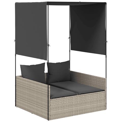 Lettino Prendisole Tetto e Tende Grigio Chiaro in Polyrattan - Foto 1