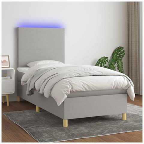 Letto a Molle Materasso e LED Grigio Chiaro 90x200 cm Tessuto - Foto 2