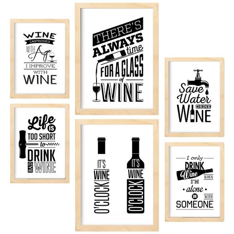 Set Di 6 Stampe Vino 2 Illustrazioni A Colori Di Caffè E Bevande In Cartelloni Pubblicitari Per La Casa A3 & A4 Telaio In Legno Chiaro - Foto 1