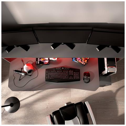 Scrivania Albertino, Scrittoio Multifunzione Moderno Da Gaming, Tavolo Da Studio Porta Pc E Porta Cd, 154x69h98 Cm, Antracite, Con Luci Led - Foto 16