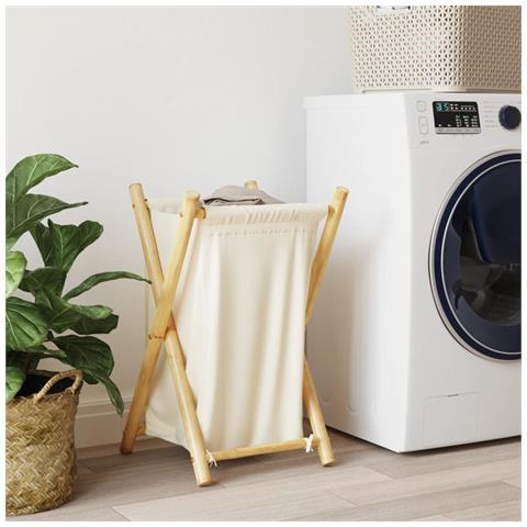 Cesto Per Biancheria Bianco Crema 41,5x36x63,5 Cm In Bambù - Foto 2