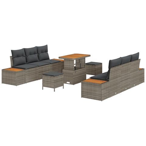 Set di Divani da Giardino  9 Pezzi con Cuscini Grigio in Rattan Polimerico, Set da Pranzo da Giardino  3 Pezzi con Cuscini Grigio in Rattan Polimerico - Foto 1