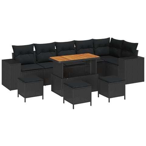 Set divani da giardino 10 pezzi con cuscini in polyrattan nero e acacia, Set pranzo da giardino 4 pezzi con cuscini in polyrattan nero e acacia - Foto 1