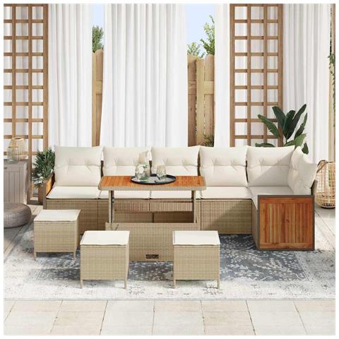 Set Divano Giardino 10 Pezzi con Cuscini Beige Rattan Sintetico Acacia, Divano Giardino per 2 Persone con Cuscini Beige Rattan Sintetico, Set Pranzo Giardino 4 Pezzi con Cuscini Beige Rattan Sintetico Acacia - Foto 2