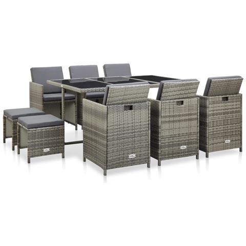 Set Da Pranzo Da Giardino 11 Pz Con Cuscini Polyrattan Grigio - Foto 1