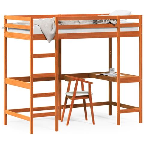 Letto Soppalco Con Scrivania Marrone Cera 90x200 Cm Legno Pino - Foto 2