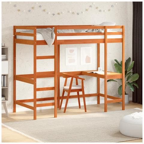 Letto Soppalco Con Scrivania Marrone Cera 90x200 Cm Legno Pino - Foto 1