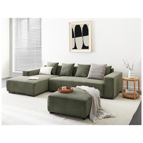 Divano Angolare 4 Posti Lungo Velluto A Coste Verde Con Ottomana Lato Destro - Foto 1