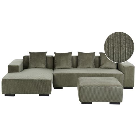 Divano Angolare 4 Posti Lungo Velluto A Coste Verde Con Ottomana Lato Destro - Foto 2