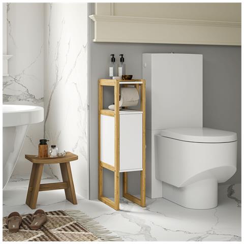 Mobile Bagno Salvaspazio con Porta Carta Igienica, Armadietto e Ripiano in Bambù, 20x33x80cm, Bianco - Foto 2