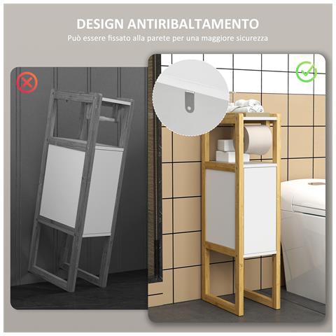Mobile Bagno Salvaspazio con Porta Carta Igienica, Armadietto e Ripiano in Bambù, 20x33x80cm, Bianco - Foto 6