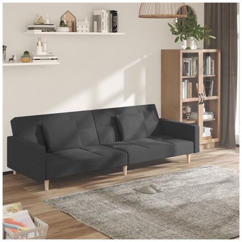 Divano Letto a 2 Posti con 2 Cuscini Grigio Scuro in Tessuto - Foto 2