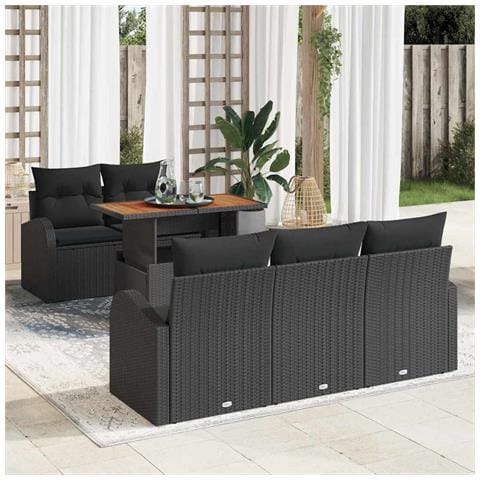 Set da Pranzo da Giardino 6 Pezzi con Cuscini Nero PE Rattan Acacia - Foto 2