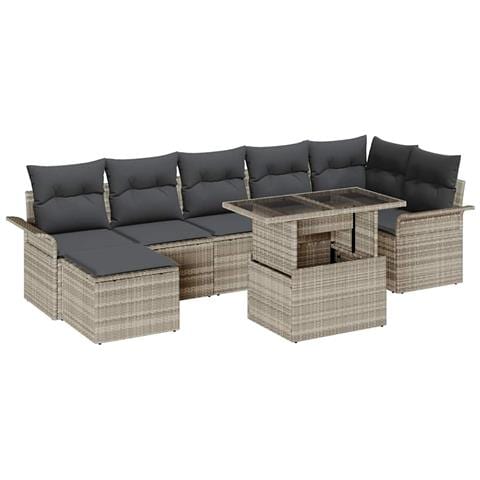Set divano da giardino  8 pezzi con cuscini grigio chiaro polyrattan, Divano da giardino  2 posti con storage & cuscini grigio chiaro polyrattan - Foto 1