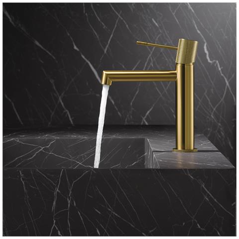 Imex Miscelatore Lavabo Monocomando In Ottone Finitura Oro Spazzolato Con Cartuccia Ceramica Ø26 Mm E Set 2 Flessibili 3-8 Inclusi Altezza 200 Mm Canna 150 Mm Serie Line Bdd038-1oc - Foto 3