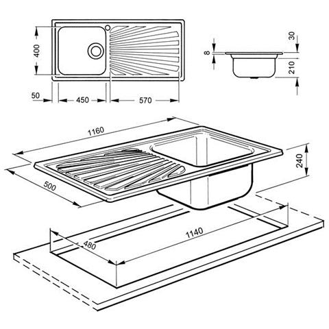 SGE116.1S Serie Alba Lavello da incasso in Acciaio Inox Satinato con 1 Vasca Dimensioni 116 x 50 cm  - Foto 2