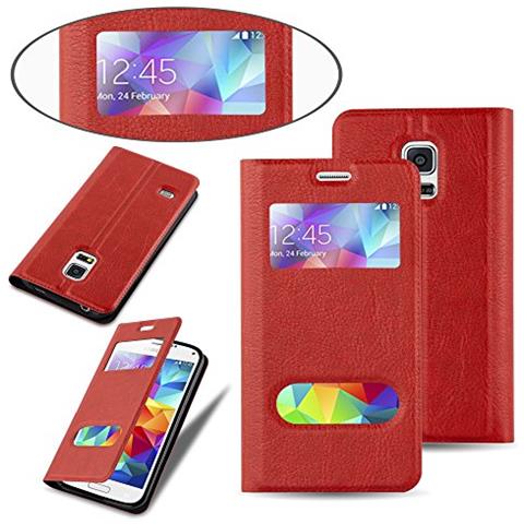 Custodia Compatibile Con Samsung Galaxy S5 / S5 Neo In Rosso Zafferano - Coperchio Protettivo Con Chiusura Magnetica, Funzione Stand E 2 Finestre Di Visualizzazione - Foto 2