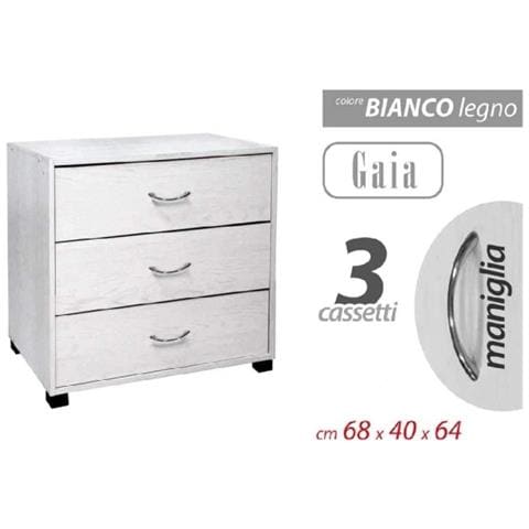 Trade Shop - Mobile Cassettiera Comodino Comò Gaia 3 Cassetti Bianco Legno 68x40x64cm 768675 - Foto 1