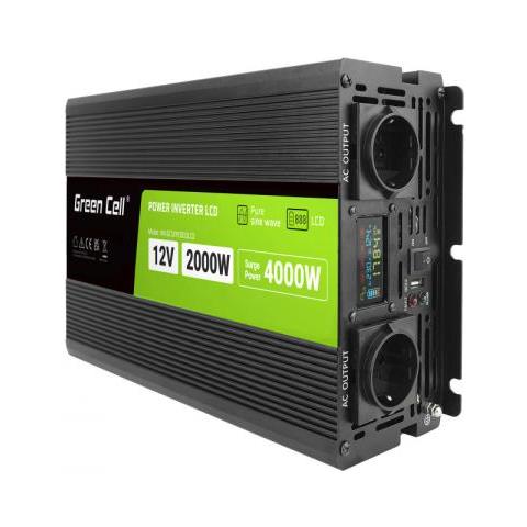 Green Cell Przetwornica Napicia Powerinverter Lcd 12 V 2000w / 40000w Przetwornica Samochodowa Z Wywietlaczem - Czysty Sinus Adattatore E Invertitore Auto Nero - Foto 1