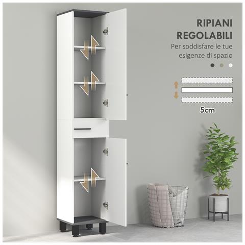 Mobile Colonna Bagno con 2 Armadietti con Ripiani Regolabili e Cassetto, 34x32x190 cm, Bianco - Foto 2