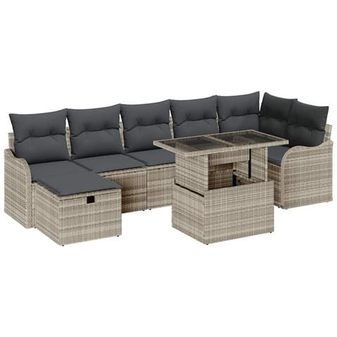 Set Divano da Giardino  8 Pezzi con Cuscini Grigio Chiaro Polyrattan, Divano da Giardino 2 Posti  con Ripostiglio e Cuscini Grigio Chiaro Polyrattan - Foto 1