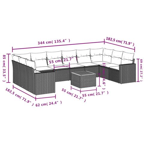 Set Divani da Giardino 11 pz con Cuscini in Polyrattan Nero - Foto 3