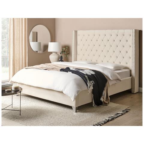 Letto Matrimoniale Velluto Bianco Sporco 160 X 200 Cm Lubbon - Foto 1