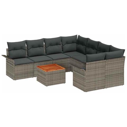 Set di Divani da Giardino 9 Pezzi con Cuscini Grigio Polyrattan Acacia, Divano da Giardino bidimensionale con Spazio di Stoccaggio & Cuscini Grigio Polyrattan - Foto 1