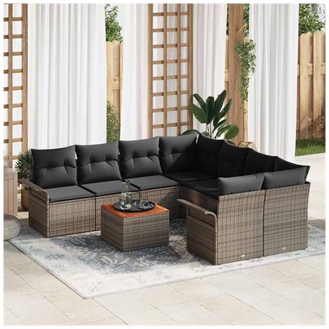 Set di Divani da Giardino 9 Pezzi con Cuscini Grigio Polyrattan Acacia, Divano da Giardino bidimensionale con Spazio di Stoccaggio & Cuscini Grigio Polyrattan - Foto 2