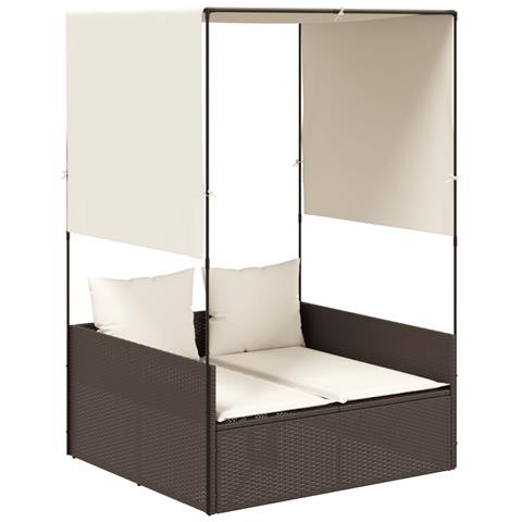 Lettino Prendisole con Tetto e Tende Marrone in Polyrattan - Foto 1