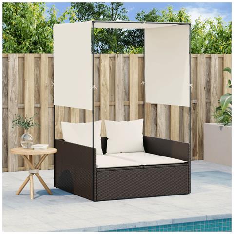 Lettino Prendisole con Tetto e Tende Marrone in Polyrattan - Foto 2