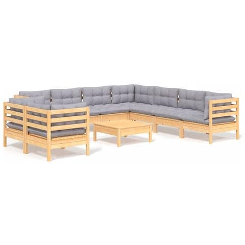 Set Divani da Giardino 10 pz con Cuscini Grigi Massello di Pino - Foto 1