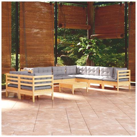 Set Divani da Giardino 10 pz con Cuscini Grigi Massello di Pino - Foto 2