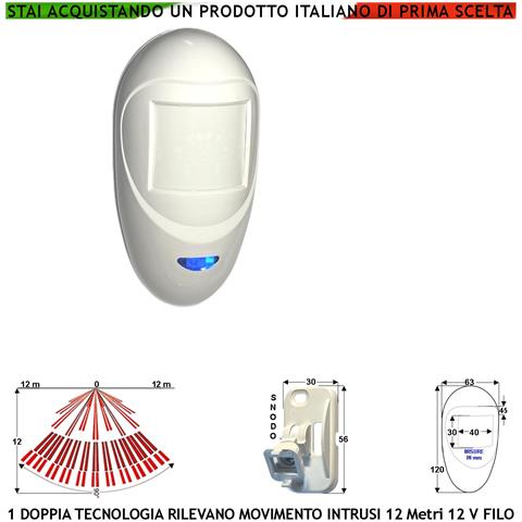 Rileva Di Movimento Di Ladri Sensore Doppia Tecnologia Grandangolo X Antifurto Portata 12 Mt Da Interno Alimen. 12 V A - Foto 1
