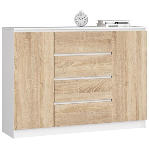 Cassettiera K140, 2 ante e 4 cassetti, 138x40x99 cm, Colore Bianco e Sonoma Quercia - Foto 1