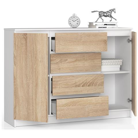 Cassettiera K140, 2 ante e 4 cassetti, 138x40x99 cm, Colore Bianco e Sonoma Quercia - Foto 2