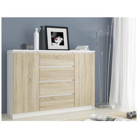 Cassettiera K140, 2 ante e 4 cassetti, 138x40x99 cm, Colore Bianco e Sonoma Quercia - Foto 6