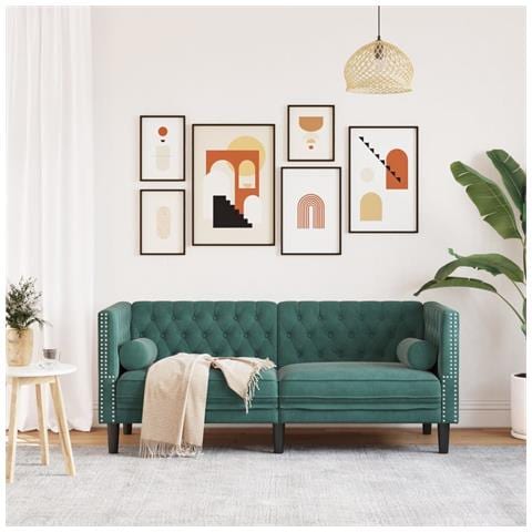Divano Chesterfield Con Rinforzi 2 Posti Verde Scuro In Velluto - Foto 3