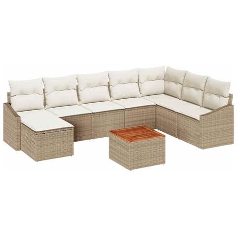 Set di Divani da Giardino da 9 Pezzi con Cuscini Beige Rattan Sintetico Acacia - Foto 1