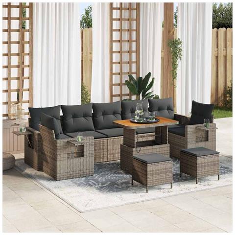 Set divano giardino 10 pezzi con cuscini in rattan grigio poli e acacia,  Set pranzo giardino 3 pezzi con cuscini grigi in rattan poli e acacia - Foto 2