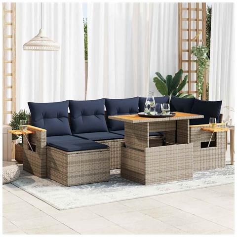 Set Divani da Giardino con Cuscini 7pz Nero Polyrattan Acacia - Foto 2