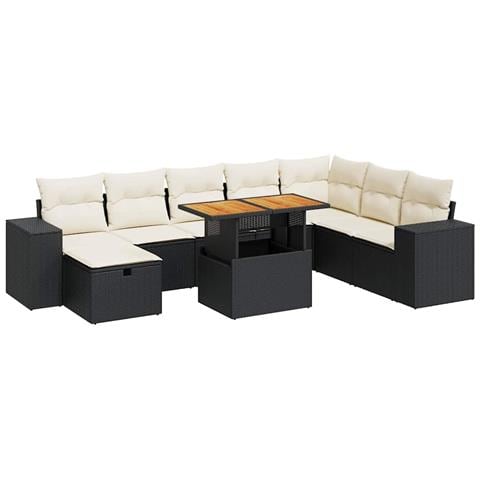 Set Divani da Giardino 9 pz con Cuscini Nero Polyrattan Acacia - Foto 1